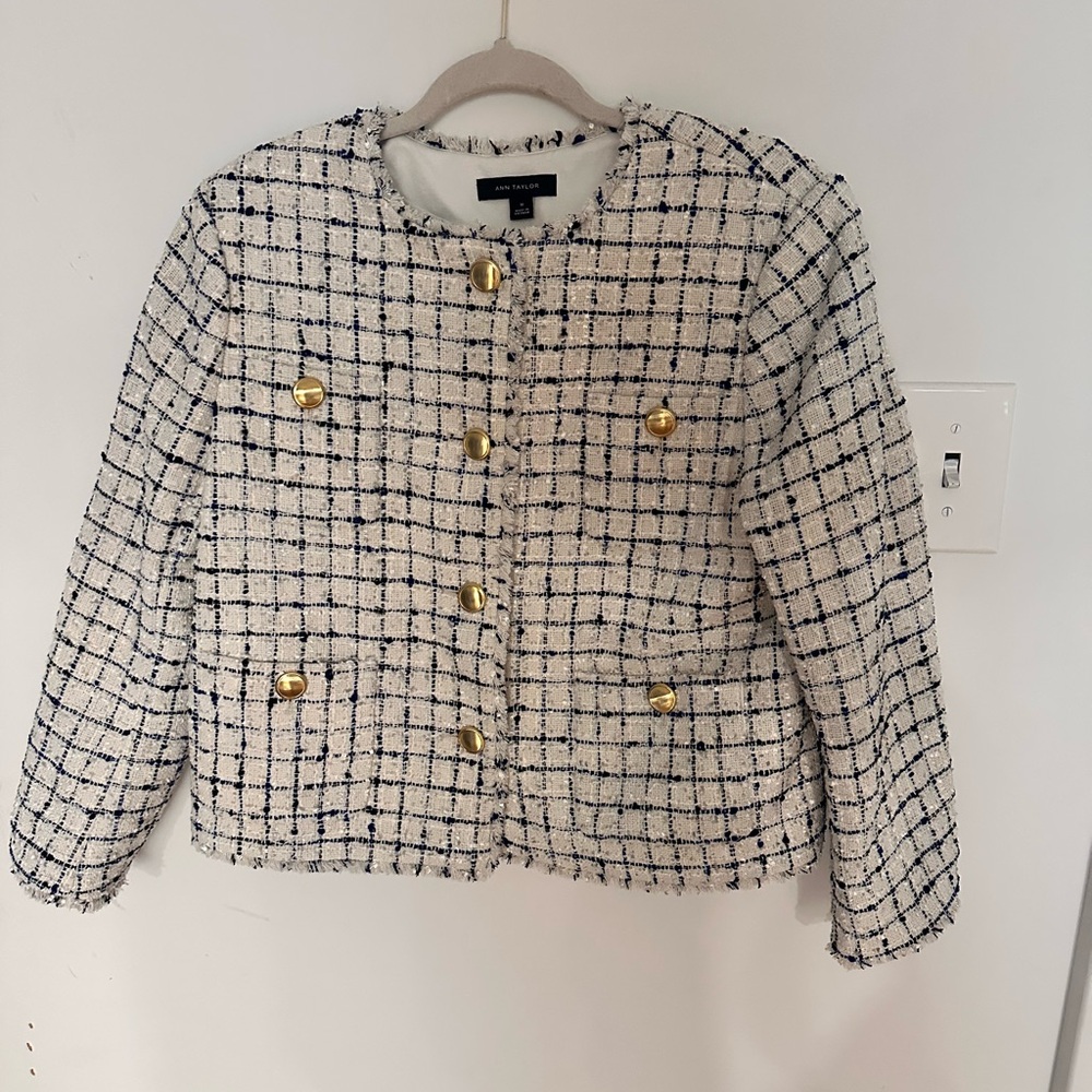 Ann Taylor Black and White Tweed Blazer with Gold Buttons